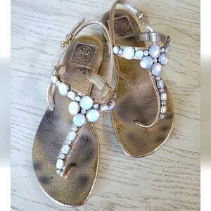 Tory Burch Gold Crackled Leather Bejeweled Strappy Sandals Size 7